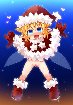 1girl blonde_hair blue_eyes blush boots capelet censored commentary_request fairy fairy_wings fang full_body fur-trimmed_headwear fur_trim gloves hat highres kso loli looking_at_viewer meyuu_(kso) mosaic_censoring open_mouth original pointy_ears pussy santa_hat smile solo variant_set wings