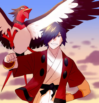 1boy beak bird black_hair cloud day falkner_(pokemon) gen_3_pokemon grin hair_over_one_eye highres hpe24 jacket japanese_clothes kimono looking_at_viewer nintendo official_alternate_color open_clothes open_jacket open_mouth outdoors pokemon pokemon_(creature) pokemon_masters_ex red_jacket short_hair smile swellow white_kimono