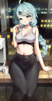 1girl absurdres alternate_costume aqua_eyes aqua_hair breasts cellphone commentary grey_sports_bra highres indoors leggings long_braid long_hair looking_at_viewer medium_breasts midriff navel on_table open_mouth pants phone seed_(zenless_zone_zero) sitting smartphone solo sports_bra stomach sweat sweet_roll_(flu0313) table yoga_pants zenless_zone_zero
