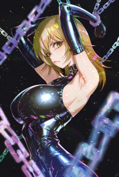 1girl :/ absurdres alternate_breast_size_(larger) armpits arms_up black_background black_bodysuit black_gloves blonde_hair bodysuit bound breasts chain chained closed_mouth commentary_request elbow_gloves from_side glaring gloves highres huge_breasts isshiki_iroha latex latex_bodysuit latex_gloves light_particles long_hair looking_at_viewer momoyama_tits partial_commentary sideboob sideways_glance simple_background sleeveless sleeveless_bodysuit solo upper_body v-shaped_eyebrows yahari_ore_no_seishun_lovecome_wa_machigatteiru. yellow_eyes