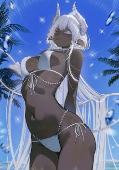 1girl :< arms_behind_back bikini black_eyes breasts closed_mouth commentary_request dark-skinned_female dark_skin demon_girl demon_horns demon_tail heterochromia highres horns long_hair looking_at_viewer medium_breasts navel original outdoors palm_tree pointy_ears side-tie_bikini_bottom sky solo sparkle stomach string_bikini swimsuit tail takeno_omoti tree very_long_hair white_eyes white_hair