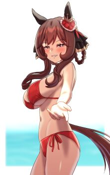 1girl absurdres animal_ears bikini braid braided_hair_rings breasts brown_hair commentary_request cowboy_shot ear_covers gentildonna_(umamusume) gupunetsu hair_rings heart-shaped_ornament heart_ear_ornament highres horse_ears horse_girl horse_tail large_breasts long_hair looking_at_viewer reaching reaching_towards_viewer red_bikini red_eyes side-tie_bikini_bottom solo swimsuit tail umamusume