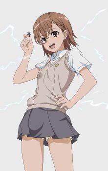 1girl :d asymmetrical_bangs brown_eyes brown_hair brown_sweater_vest coin collared_shirt electricity electrokinesis grey_background grey_skirt hand_on_own_hip highres holding holding_coin kippei looking_at_viewer medium_hair miniskirt misaka_mikoto open_mouth pleated_skirt school_emblem school_uniform shirt short_sleeves shorts shorts_under_skirt skirt smile solo summer_uniform sweater_vest toaru_kagaku_no_railgun toaru_majutsu_no_index tokiwadai_school_uniform v-neck white_shirt