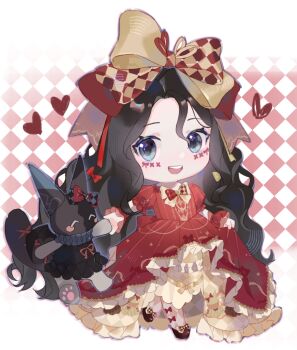 Rule 34 | 1girl, absurdres, argyle background, argyle bow, argyle clothes, argyle dress, black hair, blue eyes, border, bow, bow legwear, bowtie, chibi, crimson rhapsody (infinity nikki), dress, esseling (infinity nikki), eyelashes, facepaint, felispirit sack (infinity nikki), footwear bow, frilled dress, frilled wrist cuffs, frills, gown, hair between eyes, hair bow, hair ribbon, happy, heart, highres, hime lolita, holding hands, infinity nikki, large bow, light blush, lolita fashion, long hair, looking at creature, multiple hair bows, nikki (series), open mouth, outside border, pantyhose, puffy short sleeves, puffy sleeves, red background, red bow, red bowtie, red dress, red ribbon, red shoes, red wrist cuffs, ribbon, shoes, short sleeves, skirt hold, smile, solo, teeth, two-tone background, two-tone bow, two-tone bowtie, two-tone ribbon, upper teeth only, very long hair, wavy hair, white background, white border, white pantyhose, wrist cuffs, yellow bow, yellow bowtie, yellow ribbon, yutoutoutoutoutou