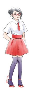 Rule 34 | 1girl, alternate hairstyle, arm behind back, black eyes, black hair, black thighhighs, boruto: naruto next generations, commentary request, full body, glasses, hair bun, high-waist skirt, high heels, highres, matsu (fu6ide2), naruto (series), necktie, red-framed eyewear, red necktie, red shoes, red skirt, shirt, shoes, short necktie, signature, single hair bun, skirt, solo, thighhighs, twitter username, uchiha sarada, white shirt, zettai ryouiki