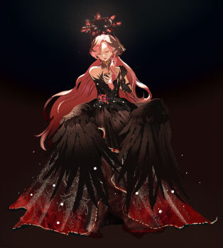 1girl bare_shoulders bird_wings black_arm_warmers black_background black_collar black_dress black_gloves black_halo black_wings blue_sky_(kbluebirdart) closed_eyes collar crimson_feather_(infinity_nikki) detached_collar dress expressionless feather-trimmed_dress feathered_wings flower full_body gloves gown hair_ornament halo hand_on_own_chest hand_on_own_shoulder high_collar highres infinity_nikki lace_collar light_particles lipstick long_dress long_hair low_wings makeup nikki_(series) parted_lips red_flower red_hair red_lips simple_background single_glove solo spiked_halo standing very_long_hair wavy_hair wing_hair_ornament wings