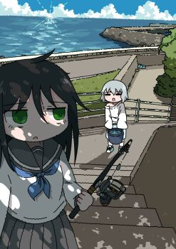2girls black_hair blue_neckerchief blue_sky breakwater bucket cloud commentary dappled_sunlight emesan_desu fishing_rod green_eyes grey_hair grey_sailor_collar grey_skirt hair_between_eyes highres holding holding_bucket holding_fishing_rod jaggy_lines looking_at_another multiple_girls neckerchief ocean original outdoors pleated_skirt sailor_collar school_uniform serafuku shirt single_bare_shoulder skirt sky stairs sunlight symbol-only_commentary white_shirt