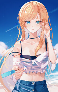 1girl absurdres bare_shoulders black_bra blonde_hair blue_eyes blue_shorts blue_sky bra breasts cleavage cloud collarbone commission crop_top day denim earrings food hand_up highres holding holding_food jewelry long_hair looking_at_viewer medium_breasts midriff navel ocean off-shoulder_shirt off_shoulder original outdoors pants parted_lips popsicle sensitive shirt shorts sky solo strap_slip tokita_mago underwear upper_body very_long_hair white_shirt