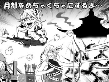 3girls arrow_(projectile) bow_(weapon) catapult closed_eyes commentary_request dress fangs firing greyscale gun hair_between_eyes hair_ornament highres holding holding_bow_(weapon) holding_gun holding_weapon iwanaga_ariya laughing long_bangs long_hair monochrome multiple_girls open_mouth pagoda quiver ryuuichi_(f_dragon) shell shell_hair_ornament short_hair sleeveless sleeveless_dress tongue tongue_out touhou translation_request upper_body watari_nina weapon yuiman_asama