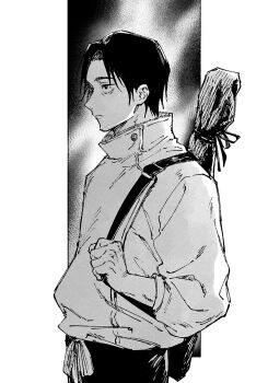 1boy border closed_mouth commentary_request from_side greyscale high_collar highres holding_strap jacket jj59u jujutsu_kaisen male_focus monochrome okkotsu_yuuta outside_border pillarboxed short_hair solo weapon_bag white_border