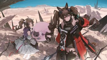 >_< 2girls :| angelina_(arknights) animal_ears ardelia_(arknights) arknights arknights:_endfield baby_animal bare_shoulders belt black_gloves black_thighhighs blue_sky bracelet breasts brown_hair closed_mouth coat commentary_request day detached_sleeves dot_nose dress drill_hair drill_ponytail elbow_gloves floating_hair floating_hairn fox_ears fox_girl from_behind full_body gilberta_(arknights) gloves grey_dress grey_horns hand_up high_belt high_collar highres holding holding_staff horns infection_monitor_(arknights) jewelry lamb little_black_sheep_(arknights) long_sidelocks looking_at_viewer looking_to_the_side medium_breasts multiple_girls off_shoulder open_clothes open_coat originium_(arknights) outdoors purple_shirt red_coat rock scenery serious shading_eyes sheep sheep_ears sheep_girl sheep_horns shirt sidelocks sitting skirt sky sleeveless sleeveless_dress staff standing thighhighs twintails uki_atsuya white_skirt zettai_ryouiki