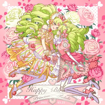 Rule 34 | 2girls, :d, absurdres, bare shoulders, boots, bow, character name, commentary request, crown, curly hair, dated, detached sleeves, dress, drill hair, dual persona, elbow gloves, english text, eye contact, falulu, falulu (awakened), flower, forehead jewel, frilled bow, frills, full body, gem, gloves, gradient background, green hair, grey eyes, hair bow, happy birthday, headphones, heart, high heel boots, high heels, highres, long hair, looking at another, meremero, multiple girls, open mouth, parted bangs, pink background, pink bow, pink dress, pink flower, pink gemstone, pink rose, pretty series, pripara, puffy short sleeves, puffy sleeves, rose, short sleeves, smile, striped clothes, striped dress, thigh boots, tiara, twitter username, vertical-striped clothes, vertical-striped dress, white background, white boots, white bow, white flower, white gloves, white rose, white wrist cuffs, wrist cuffs