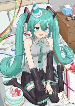 1girl absurdres aqua_eyes aqua_hair aqua_nails aqua_necktie aqua_trim arm_tattoo birthday_cake black_skirt blue_ribbon boots breasts cake calendar_(object) clock collarbone collared_shirt detached_sleeves digital_clock food gift grey_shirt hand_on_own_thigh happy_birthday hat hatsune_miku highres light_blush long_sleeves medium_breasts miku_day miniskirt necktie number_tattoo open_mouth party_hat pillow pleated_skirt purple_ribbon red_ribbon ribbon sembem seven-segment_display shirt sitting skirt sleeves_past_wrists smile solo strawberry_cake tattoo thigh_boots translation_request twintails vocaloid wariza watch white_ribbon wide_sleeves