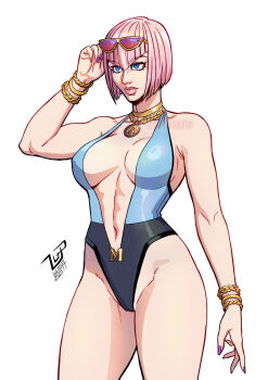 1girl adjusting_eyewear blue_eyes blue_one-piece_swimsuit bracelet breasts cropped_legs highres jewelry lips lucaspflp manon_legrand medium_breasts necklace official_alternate_costume one-piece_swimsuit pink-tinted_eyewear pink_hair purple_nails simple_background solo standing street_fighter street_fighter_6 swimsuit thong_one-piece_swimsuit timestamp tinted_eyewear white_background
