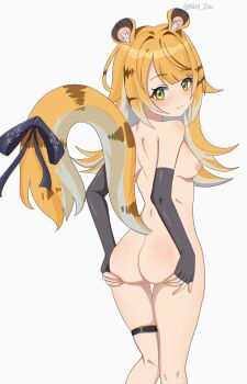 absurdres animal_ear_fluff animal_ears artist_name ass ass_lift black_gloves blue_bow blush bow breasts colored_inner_hair completely_nude elbow_gloves fingerless_gloves gloves grabbing_own_ass green_eyes highres ju_fufu light_blush loli long_hair looking_at_viewer looking_back multicolored_hair niet_zsu nipples nude orange_fur simple_background small_breasts smile split_mouth striped_fur striped_hair tail tail_bow tail_ornament thigh_strap tiger_ears tiger_girl tiger_stripes tiger_tail very_long_hair white_background zenless_zone_zero