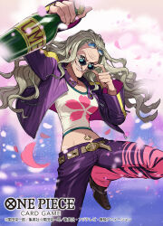 Rule 34 | 1girl, alcohol, belt, bottle, commentary request, copyright name, crop top, cropped jacket, dr. kureha, gradient background, holding, holding bottle, leg up, long hair, long sleeves, looking at viewer, navel piercing, official art, one piece, one piece card game, pants, petals, piercing, pink petals, smile, solo, sunglasses, wine, yuu (higashi no penguin)