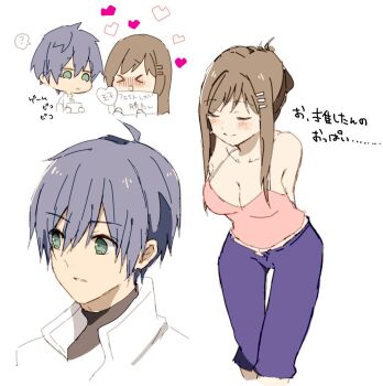 &gt;_&lt; 1boy 1girl :d ? blush breasts brown_hair cleavage closed_eyes closed_mouth collarbone denim fayt_leingod green_eyes hair_ornament hairclip heart highres jeans long_hair open_mouth pants pirorr simple_background smile sophia_esteed star_ocean star_ocean:_till_the_end_of_time tank_top white_background xd