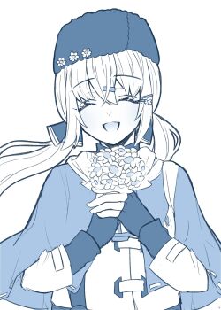 Rule 34 | 1girl, closed eyes, commentary, eyelashes, facing viewer, fingerless gloves, flower, fur hat, gloves, hair between eyes, hair ornament, hair ribbon, hairclip, hat, highres, holding, holding flower, kantai collection, long hair, long sleeves, low twintails, monochrome, nagi kantai114, open mouth, papakha, ribbon, scarf, shawl, simple background, solo, symbol-only commentary, tashkent (kancolle), twintails, upper body