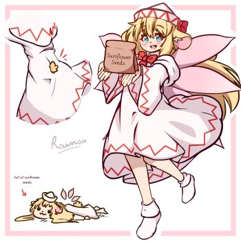 1girl :3 :d animal_ears bag blonde_hair blue_eyes dress fairy_wings hamster_ears hamster_girl hamster_tail hat highres lily_white lying on_stomach open_mouth paper_bag rownou small_tail smile socks touhou white_background white_dress white_hat white_socks wings