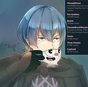 1boy armor blue_eyes blue_hair male_byleth_(fire_emblem) cup cuphead_(game) fire_emblem fire_emblem:_three_houses gloves highres lithety mug nintendo super_smash_bros. twitter