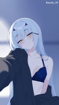 1girl bare_shoulders black_shirt blue_bra blush bra breasts commentary_request fate/grand_order fate_(series) forked_eyebrows hair_ornament hairclip highres kayu_manis19 long_hair long_sleeves looking_at_viewer melusine_(fate) off_shoulder revision shirt sidelocks small_breasts solo underwear white_hair yellow_eyes