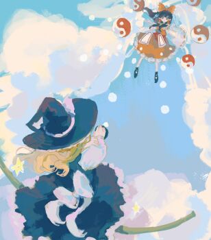 Rule 34 | 2girls, absurdres, back bow, black hat, black skirt, black vest, blonde hair, bow, broom, broom riding, brown hair, detached sleeves, fighting, frilled bow, frilled hair tubes, frills, hair bow, hair tubes, hakurei reimu, hat, hat bow, highres, kirisame marisa, long hair, mini-hakkero, multiple girls, ofuda, orb, red bow, red skirt, ribbon-trimmed sleeves, ribbon trim, seiryo0425, skirt, skirt set, touhou, vest, white bow, witch hat, yin yang, yin yang orb