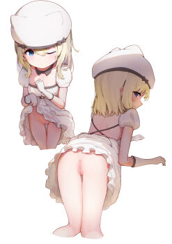 1girl absurdres alice_in_cradle anus ass blonde_hair blue_eyes breasts cleavage cleft_of_venus clothes_lift dress dress_lift flat_ass gloves hat highres holding lifting_own_clothes loli multiple_views no_panties noelle_(alice_in_cradle) one_eye_closed open_mouth pussy short_dress short_hair short_sleeves simple_background small_breasts solo uncensored white_background white_dress white_gloves white_hat xiamu_xunxi