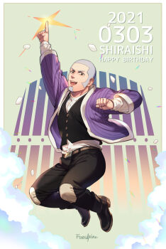 Rule 34 | 1boy, :d, absurdres, artist name, belt, black eyes, black pants, black vest, buzz cut, character name, clenched hand, commentary request, dated, facial hair, foxvulpine, full body, goatee, golden kamuy, grey hair, happy birthday, highres, jumping, male focus, open mouth, pants, pointing, pointing up, shiraishi yoshitake, short hair, sideburns, smile, solo, very short hair, vest