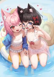 Rule 34 | 2girls, :d, ;d, absurdres, animal ear fluff, animal ears, bare arms, bare shoulders, bikini, black-framed eyewear, black hair, blue eyes, blue jacket, blush, bow, collarbone, commentary request, commission, fang, food print, frilled bikini, frills, from above, glasses, hair bow, hand up, heart, highres, innertube, jacket, long sleeves, multiple girls, navel, nyatrix, off shoulder, one eye closed, open clothes, open jacket, open mouth, original, pink hair, print bikini, puffy long sleeves, puffy sleeves, red bow, red eyes, round eyewear, see-through, sitting, sleeves past wrists, smile, strawberry print, suction cups, swim ring, swimsuit, tentacles, water, white bikini