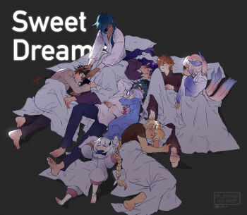 4girls 5boys aether_(genshin_impact) alternate_costume artist_name barefoot blanket blonde_hair blue_hair blunt_bangs braid brown_hair child clenched_teeth closed_eyes closed_mouth collared_shirt commentary curly_hair dark-skinned_male dark_skin drooling english_commentary english_text eyepatch f-ai-n feet friends genshin_impact gradient_hair green_hair grey_background hair_between_eyes hair_ornament hand_on_another&#039;s_head head_tilt highres hug kaeya_(genshin_impact) leaning_on_person long_braid long_hair long_sleeves looking_down looking_to_the_side lying mask mask_on_head mouth_drool multicolored_hair multiple_boys multiple_girls on_back on_side orange_hair paimon_(genshin_impact) pajamas pants parted_bangs parted_lips pectoral_cleavage pectorals pink_hair purple_hair qiqi_(genshin_impact) raiden_shogun red_mask sangonomiya_kokomi shirt short_hair short_sleeves single_braid sitting sleeping smile star_(symbol) star_hair_ornament streaked_hair tartaglia_(genshin_impact) teeth watermark white_hair xiao_(genshin_impact) zhongli_(genshin_impact)