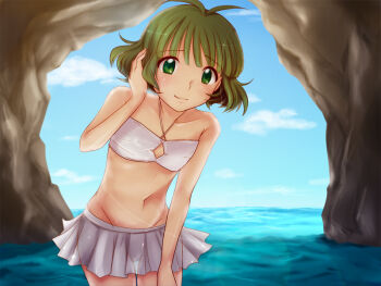 Rule 34 | 00s, 1boy, akizuki ryo, antenna hair, bad id, bad pixiv id, bikini, blush, cave, cloud, crossdressing, crossdressing (mtf), day, green eyes, green hair, groin, hand in own hair, idolmaster, idolmaster dearly stars, male focus, matching hair/eyes, mojamoja, outdoors, see-through clothes, sky, smile, solo, swimsuit, thigh gap, thighs, trap, water, white bikini