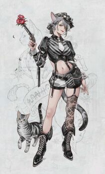 Rule 34 | 1girl, animal, animal ears, antique firearm, black boots, black hat, black shirt, black shorts, boots, cat, cat ears, cat girl, cat tail, chain, firearm, firelock, fishnet thighhighs, fishnets, flintlock, flower, full body, grey hair, gun, handgun, hat, highres, holding, holding gun, holding weapon, itou (very ito), lace-up boots, midriff, navel, necktie, original, red flower, shirt, short necktie, shorts, single thighhigh, smile, solo, striped clothes, striped shirt, tabby cat, tail, thigh strap, thighhighs, two-tone shorts, weapon, white necktie, white shirt, white shorts