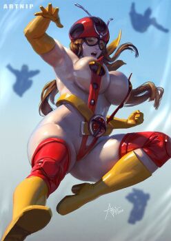 Rule 34 | 1girl, 3d, antennae, artist name, artnip, bare shoulders, belt, blue eyes, boots, breasts, brown hair, cleavage, curvy, elbow gloves, electrer, electro wave human tackle, gloves, helmet, high kick, imminent attack, kicking, large breasts, long hair, looking at viewer, nose, o medal, okada yuriko, realistic, red helmet, rider belt, scarf, shiny skin, simple background, slingshot swimsuit, solo, swimsuit, thick thighs, thighhighs, thighs, toujima tanzaburou wa kamen rider ni naritai, yellow belt, yellow boots, yellow gloves, yellow scarf