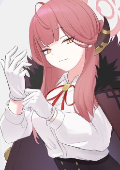 1girl aru_(blue_archive) black_skirt blue_archive blush breasts brown_coat coat coat_on_shoulders collared_shirt dress_shirt fur-trimmed_coat fur_trim gloves halo hashtag-only_commentary horns large_breasts long_hair long_sleeves looking_at_viewer neck_ribbon pencil_skirt pink_hair ribbon shirt skirt smile solo white_gloves white_shirt yellow_eyes yugusan5