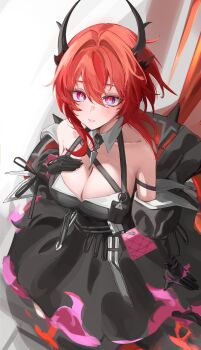 Rule 34 | 1girl, absurdres, arknights, arknights: endfield, bare shoulders, black dress, black gloves, black horns, breasts, cleavage, colored petticoat, commentary, demon girl, demon horns, detached sleeves, dote (askim72407017), dress, gloves, hair between eyes, hair intakes, highres, horns, laevatain (arknights), large breasts, long hair, looking at viewer, petticoat, purple eyes, red hair, sideless dress, solo, surtr (arknights)