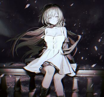 1girl bare_shoulders black_jacket blonde_hair breasts cleavage closed_mouth commentary_request dress floating_hair fymrie highres jacket large_breasts long_hair looking_at_viewer night off_shoulder open_clothes open_jacket original sitting sky smile solo strap_slip thighs white_dress