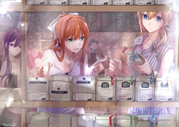 1boy 5girls artist_name artist_self-insert bag black_hair black_vest blonde_hair blue_eyes blue_ribbon blurry bow bracelet breasts brown_hair casual cleavage closed_eyes coffee coffee_beans coffee_grinder collarbone commentary depth_of_field doki_doki_literature_club dress green_eyes grin hair_bow hair_ornament highres jewelry lens_flare long_hair long_sleeves monika_(doki_doki_literature_club) multiple_girls musical_note_necklace natsuki_(doki_doki_literature_club) open_mouth orange_hair pin.s pink_eyes pink_hair pointing ponytail purple_eyes purple_hair red_bow ribbon sayori_(doki_doki_literature_club) shirt short_hair sidelocks sleeveless sleeveless_dress smile spaghetti_strap striped sweater turtleneck turtleneck_sweater vertical_stripes vest waving white_bow white_dress white_shirt wing_collar yuri_(doki_doki_literature_club)