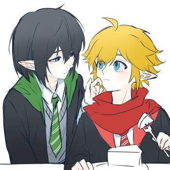 Rule 34 | 2boys, ahoge, alternate costume, aotu world, black hair, black robe, blonde hair, blue eyes, blush, cake, camil (aotu world), chinese commentary, closed mouth, collared shirt, diagonal-striped clothes, diagonal-striped necktie, eating, food, fork, green necktie, grey vest, gryffindor, hair between eyes, hand on another's face, highres, hogwarts school uniform, holding, holding fork, king (aotu world), long sleeves, looking at another, male focus, multiple boys, necktie, plate, pointy ears, red necktie, red scarf, robe, scarf, school uniform, shirt, short hair, simple background, sketch, slytherin, smile, striped clothes, striped necktie, upper body, vest, white background, white shirt, yezhulatanglaoban