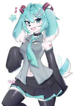 1girl ahoge alternate_species bitterk4t blue_eyes blue_hair bone bone_hair_ornament collar detached_sleeves dog floppy_ears furrification furry furry_female hair_ornament hatsune_miku highres musical_note navel necktie shirt skirt solo star_(symbol) thighhighs vocaloid