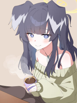 1girl animal_ears black_hair blue_archive blue_eyes coffee dog_ears dog_girl engineering_department_(blue_archive) hibiki_(blue_archive) highres holding long_hair looking_at_viewer simple_background smile sofuran_snipe solo