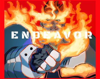 Rule 34 | 1boy, azisaiharumaki56, boku no hero academia, character name, clenched hand, commentary request, endeavor (boku no hero academia), fire, green eyes, grid teeth, highres, male focus, mature male, muscular, muscular male, pyrokinesis, red hair, scar, scar on face, short hair, solo