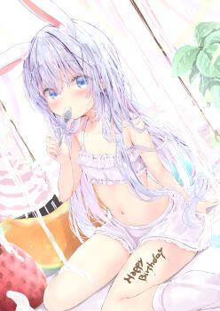 1girl animal_ear_fluff animal_ears bare_arms bare_shoulders blue_eyes blue_hair blush body_writing commentary_request fake_animal_ears food frills fruit gochuumon_wa_usagi_desu_ka? hair_between_eyes hair_ornament happy_birthday highres holding holding_spoon in_food kafuu_chino kouda_suzu long_hair looking_at_viewer mini_person minigirl navel parted_lips rabbit_ears sitting skirt socks solo spoon strap_slip strawberry very_long_hair wariza white_skirt white_socks x_hair_ornament