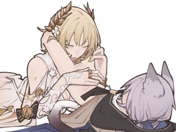 2girls age_difference aglaea_(honkai:_star_rail) ancient_greek_clothes animal_ears bare_shoulders blonde_hair blush bracelet cat_ears cat_girl cat_tail cipher_(honkai:_star_rail) cipher_(in_pursuit_of_the_wind)_(honkai:_star_rail) cleft_of_venus cloak closed_eyes cunnilingus flower gold gold_bracelet gold_nails gold_ring greco-roman_clothes grey_hair hair_flower hair_ornament hand_on_another's_stomach hand_on_another's_thigh head_between_thighs highres honkai:_star_rail honkai_(series) jewelry laurel_crown laurels legs_up licking loli looking_at_another looking_down lying multiple_girls nail_polish on_back onee-loli oral pussy pussy_juice pussy_juice_trail saliva saliva_trail sapo_(bananilsonfarofa) short_hair tail tongue tongue_out tunic yuri