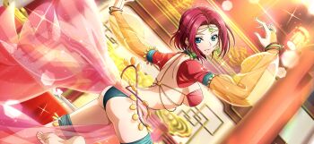 1girl arabian_clothes arms_up artist_request ass back bangle barefoot blue_eyes blurry blurry_background bracelet breasts butt_crack code_geass code_geass:_lost_stories dancing earrings feet female_focus from_behind game_cg gem green_gemstone green_panties grin hair_intakes happy head_tilt highres hoop_earrings indoors jewelry kouzuki_kallen lantern large_breasts leg_up lens_flare light_rays long_sleeves looking_at_viewer looking_back non-web_source official_art orange_sleeves panties puffy_long_sleeves puffy_sleeves raglan_sleeves red_hair revealing_clothes see-through_clothes see-through_sleeves short_hair shrug_(clothing) sidelocks smile solo sparkle standing standing_on_one_leg teeth thigh_strap thighs underwear