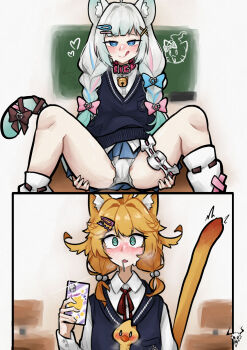 2girls :q absurdres ahoge animal_ear_fluff animal_ears aqua_hair aroused artist_logo bare_legs bell black_vest blonde_hair blue_bow blue_eyes blue_skirt blush bow cameltoe cat_ears cat_girl cat_tail chalkboard collar come_hither commentary dokibird drooling english_commentary fang frilled_garter green_eyes hair_bobbles hair_bow hair_ornament hairclip hands_on_own_ass heart heart-shaped_pupils heavy_breathing highres holding holding_phone indie_virtual_youtuber jingle_bell laphurus logo long_hair low_twintails m_legs medium_hair microskirt mint_fantome multicolored_hair multiple_girls neck_bell neck_ribbon open_mouth panties phone pink_bow pink_collar red_ribbon ribbon school_uniform shirt sitting skin_fang skirt smile spread_legs symbol-shaped_pupils tail tongue tongue_out twintails two-tone_hair underwear vest virtual_youtuber white_hair white_panties white_shirt wing_collar wisps_(mint_fantome) x_hair_ornament yuri