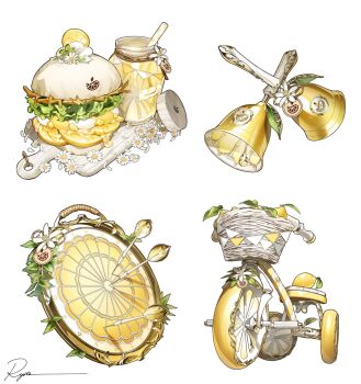 bell bicycle_basket burger commentary dart dartboard drink drinking_straw food fruit highres jar lemon lemon_slice lettuce no_humans object_focus original ryota_(ry_o_ta) signature simple_background symbol-only_commentary tricycle white_background