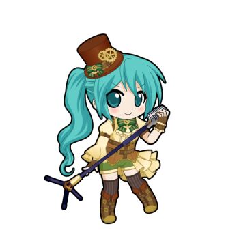 1girl aqua_eyes aqua_hair arm_belt asymmetrical_sleeves black_outline black_thighhighs blush boots bow bowtie brown_boots brown_gloves brown_hat chibi chibi_only closed_mouth fingerless_gloves frilled_sleeves frills full_body game_asset gloves green_bow green_bowtie green_shorts half-skirt hat hatsune_miku hatsune_miku_graphy_collection holding holding_microphone holding_microphone_stand juliet_sleeves long_hair long_sleeves looking_at_viewer microphone microphone_stand outline puffy_short_sleeves puffy_sleeves shirt short_sleeves shorts shure_55sh side_ponytail smile solo standing steampunk striped_clothes striped_thighhighs thighhighs top_hat transparent_background underbust v-shaped_eyebrows vertical-striped_clothes vertical-striped_thighhighs vocaloid yellow_shirt