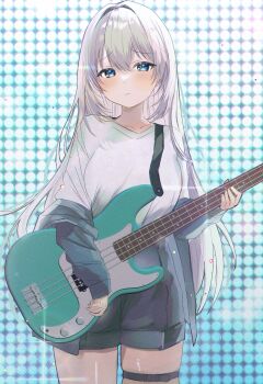 1girl absurdres black_shorts blue_eyes blush closed_mouth cowboy_shot grey_jacket guitar hair_between_eyes hair_intakes highres holding holding_guitar holding_instrument instrument jacket jacket_partially_removed long_hair looking_at_viewer nyanyasamu open_mouth original shirt shorts skindentation solo standing thigh_strap white_hair white_shirt