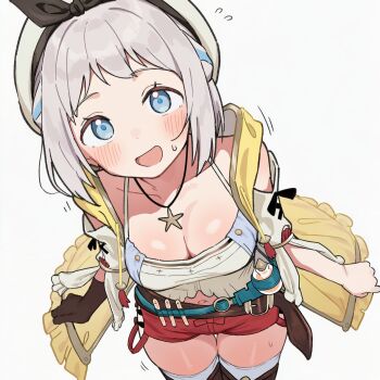 1girl atelier_(series) atelier_ryza black_gloves black_ribbon blue_eyes blush breasts brown_thighhighs cleavage cosplay crop_top from_above gakuen_idolmaster gloves hair_ribbon hat highres idolmaster jewelry katsuragi_lilja lati2 medium_breasts navel necklace open_mouth open_sweater red_shorts reisalin_stout reisalin_stout_(cosplay) ribbon shirt short_hair short_shorts shorts single_glove smile solo standing star_(symbol) star_necklace sweat sweater thigh_gap thighhighs white_background white_hair white_hat white_shirt yellow_sweater