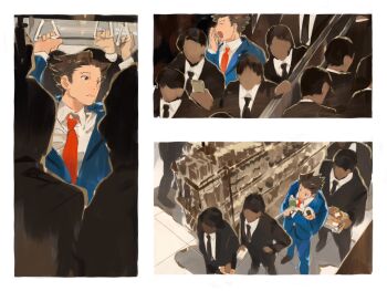 ace_attorney black_hair black_necktie black_suit blue_suit convenience_store food formal_clothes from_above hand_grip highres holding holding_hand_grip multiple_boys multiple_views necktie onigiri people phoenix_wright queue red_necktie senkan_(708thousands) shirt shop solo_focus spiked_hair stairs standing suit white_shirt yawning